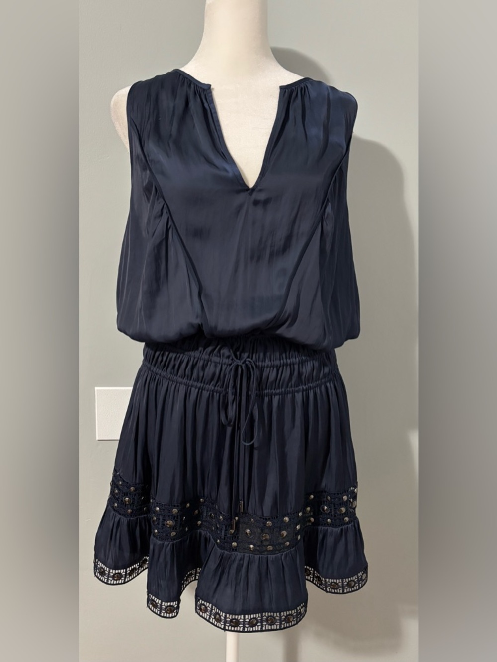Ramy Brook Navy Blue Maya Studded Lace Mini Dress. Size M